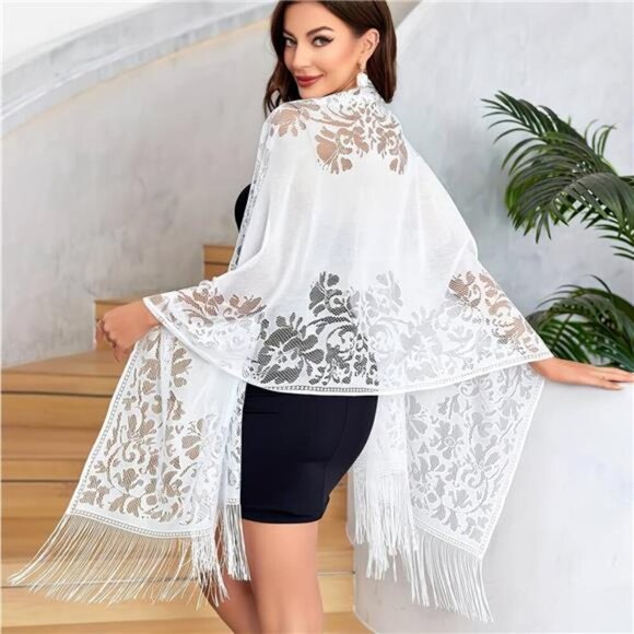Lace Floral Shawls Wraps White2 - Picture 3 of 6